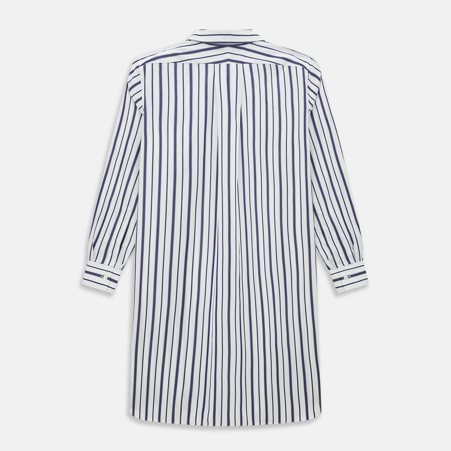 View 3 of product The Turnbull & Asser Navy Double Stripe Quarzo Nightshirt, a knee-length Italian cotton nightshirt with navy and white vertical stripes, collar, chest pocket, and button-down front, is displayed flat on a white background.