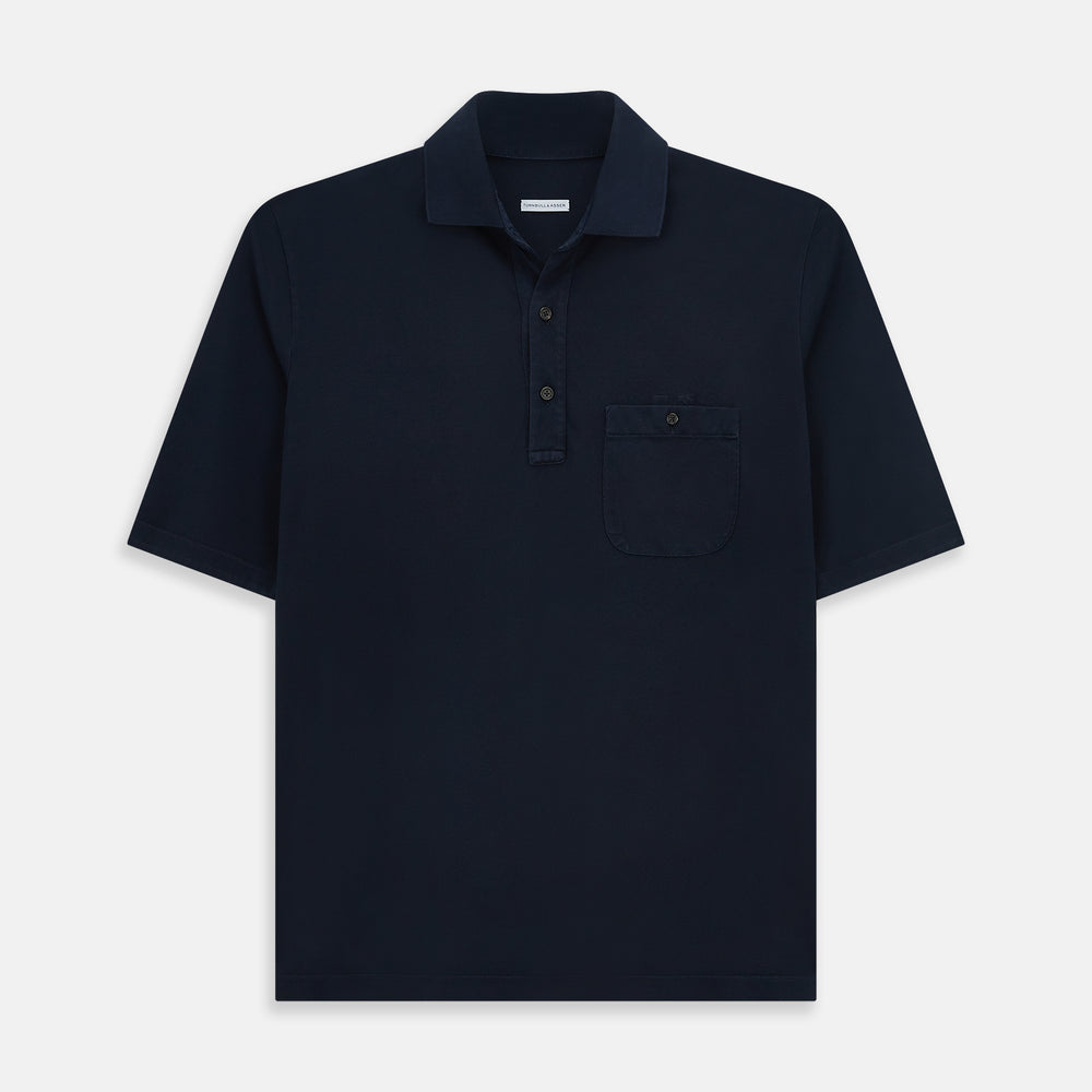 The Turnbull & Asser Navy Polo Shirt features short sleeves, a collar, three-button placket, and a single buttoned chest pocket, shown flat on a plain white background.