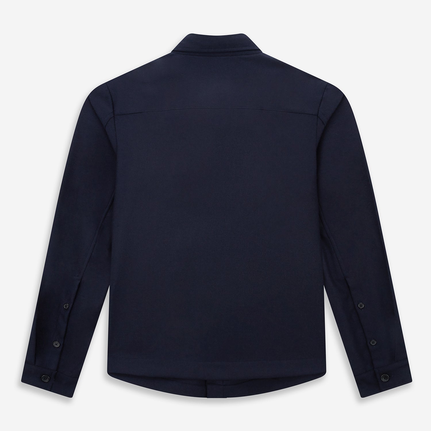 View 3 of product The Turnbull & Asser Midnight Blue Highbury Overshirt, featuring long sleeves, a collar, and a single chest pocket, is shown laid flat against a white background.