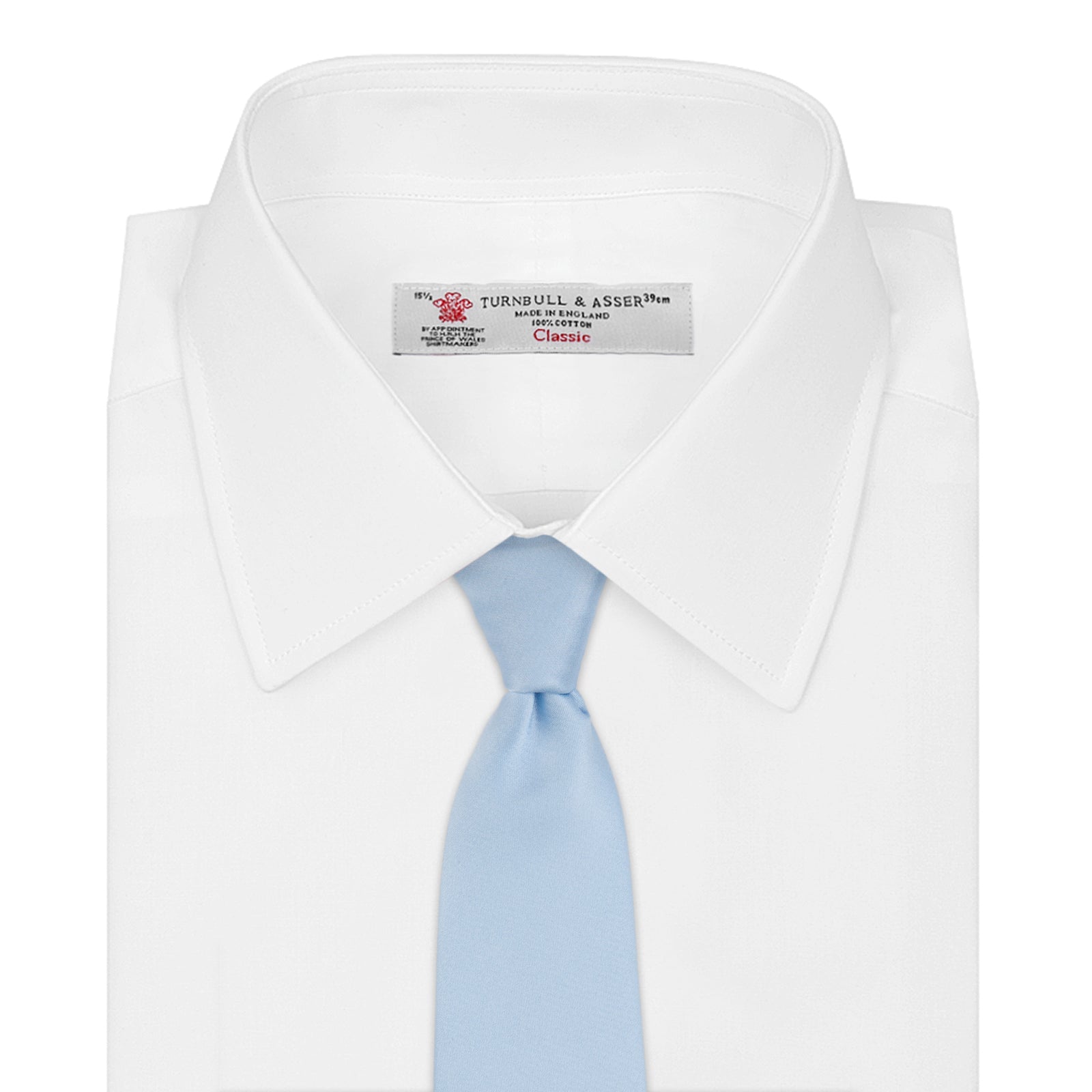 View 2 of product The Turnbull & Asser Plain Woven Satin Silk Tie, in light blue, is neatly rolled and displayed on a plain white background—an essential accessory for refined style.