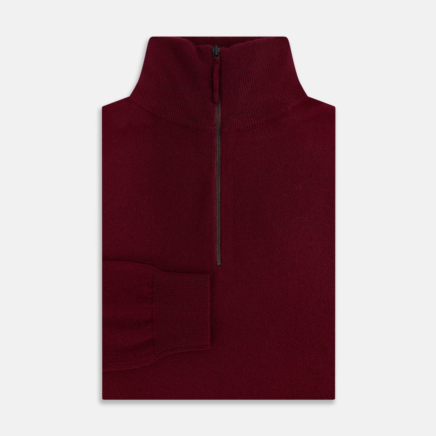 View 4 of product The Turnbull & Asser Ruby Red Half-Zip Cashmere Jumper, with a stand-up collar and elegant design, is displayed against a plain white background.