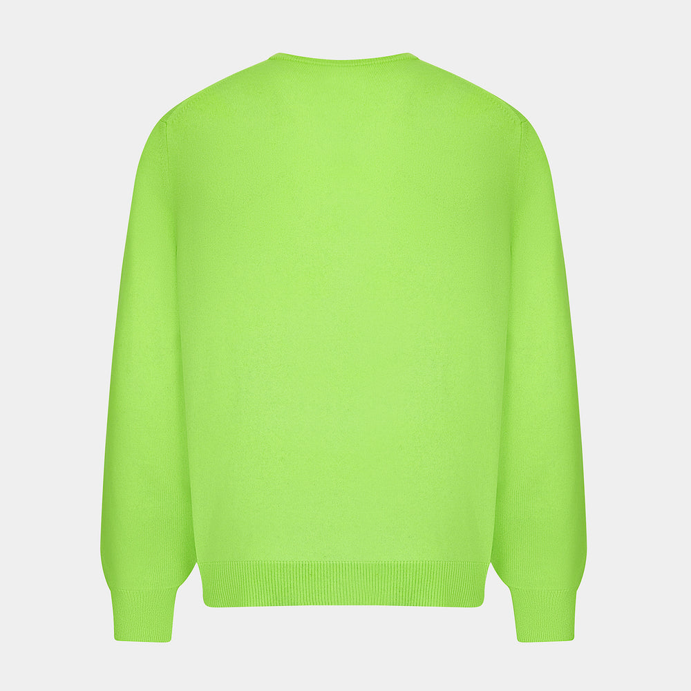 The Turnbull & Asser Bright Green Cashmere V-Neck Jumper, a long-sleeved knitwear piece, is showcased against a plain light gray background.