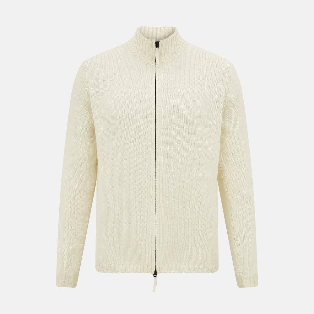 The White Merino High Neck Zipped Cardigan by Turnbull & Asser features a ribbed stand collar, cuffs, and hem. This elegant long-sleeve knitwear piece is shown on a plain white background.