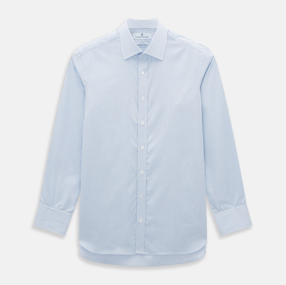 The Turnbull & Asser Sky Blue Hairline Multi Stripe Mayfair Shirt features Italian cotton, long sleeves, a classic collar, white buttons, and a subtle stripe pattern, shown on a plain white background.