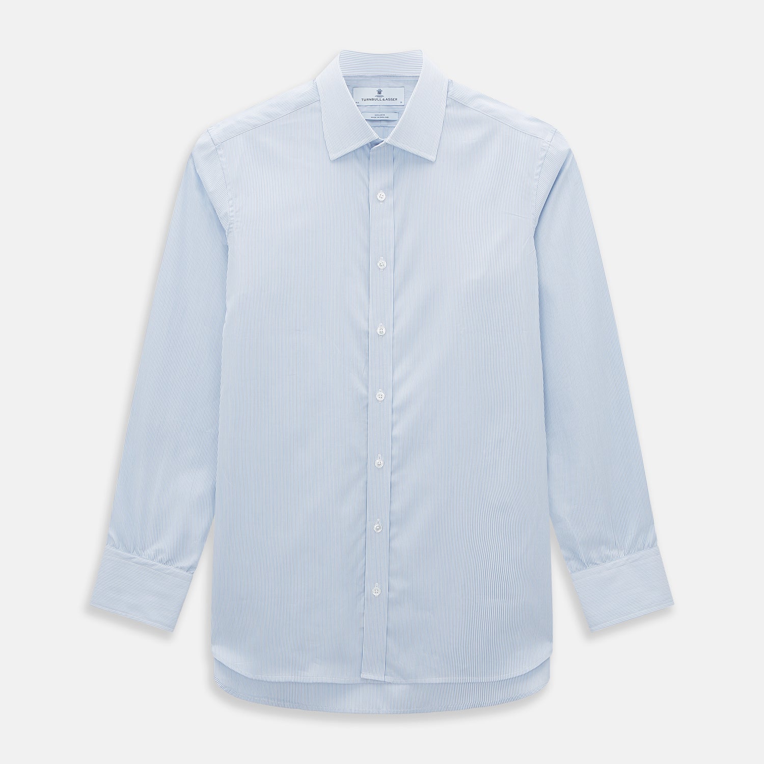 View 1 of product The Turnbull & Asser Sky Blue Hairline Multi Stripe Mayfair Shirt features Italian cotton, long sleeves, a classic collar, white buttons, and a subtle stripe pattern, shown on a plain white background.