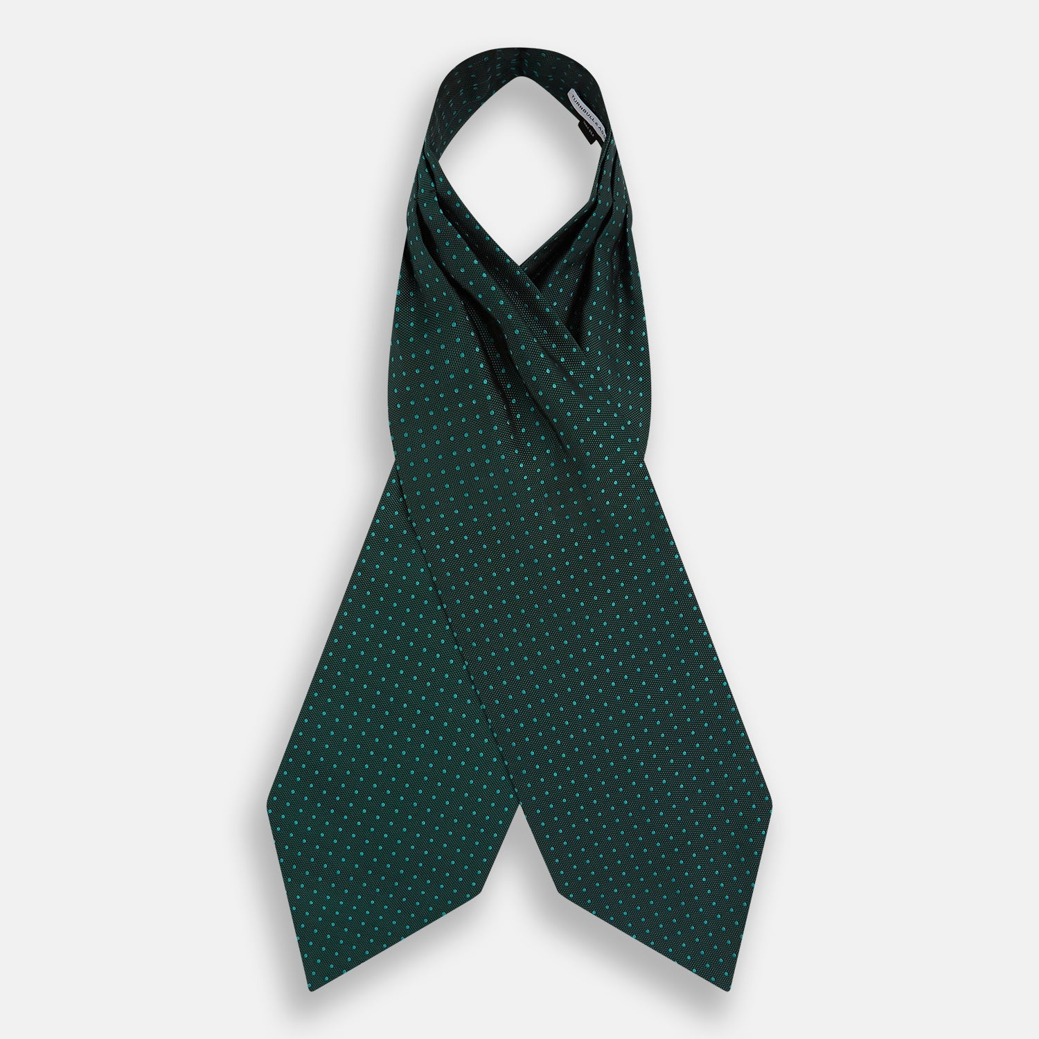 View 2 of product The Turnbull & Asser Blue and Forest Green Micro Dot Silk Cravat pairs perfectly with a dark green pocket square featuring light blue micro dots, ideal for formal looks or adding distinction to your ensemble.