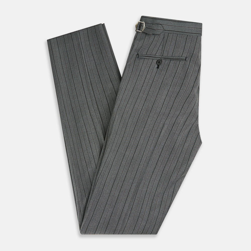 The Grey Multi Pinstripe Morning Dress Trousers by Turnbull & Asser feature a tailored fit, vertical black pinstripes, and a flat front design—ideal for formal wear. Shown against a plain white background.