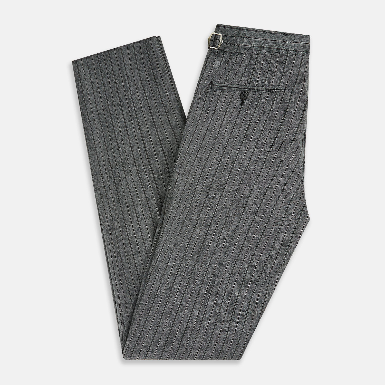 View 6 of product The Grey Multi Pinstripe Morning Dress Trousers by Turnbull & Asser feature a tailored fit, vertical black pinstripes, and a flat front design—ideal for formal wear. Shown against a plain white background.