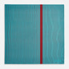 View 4 of product The Turnbull & Asser Turquoise and Red Stripe Silk Pocket Square features thin navy stripes with a bold vertical red stripe, partially folded to reveal the reverse pattern and the brand's logo, showcasing its British heritage.