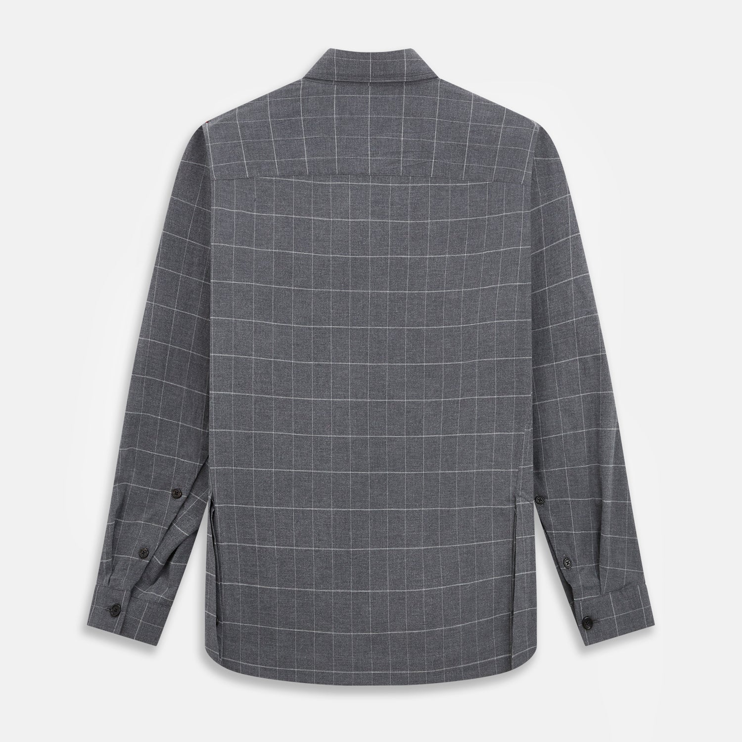 View 3 of product The Turnbull & Asser Charcoal Melange Check Hampstead overshirt, a long-sleeve button-up with a collar and two zippered side pockets, is laid flat on a light gray background.