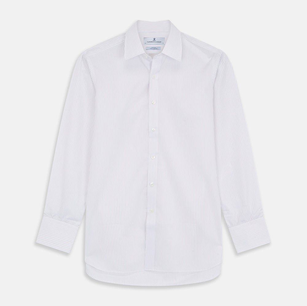 A circular gray border frames a close-up of Turnbull & Asser's Red & White Stripe Sea Island Quality Fabric, featuring fine white material with thin, evenly spaced diagonal red pinstripes.