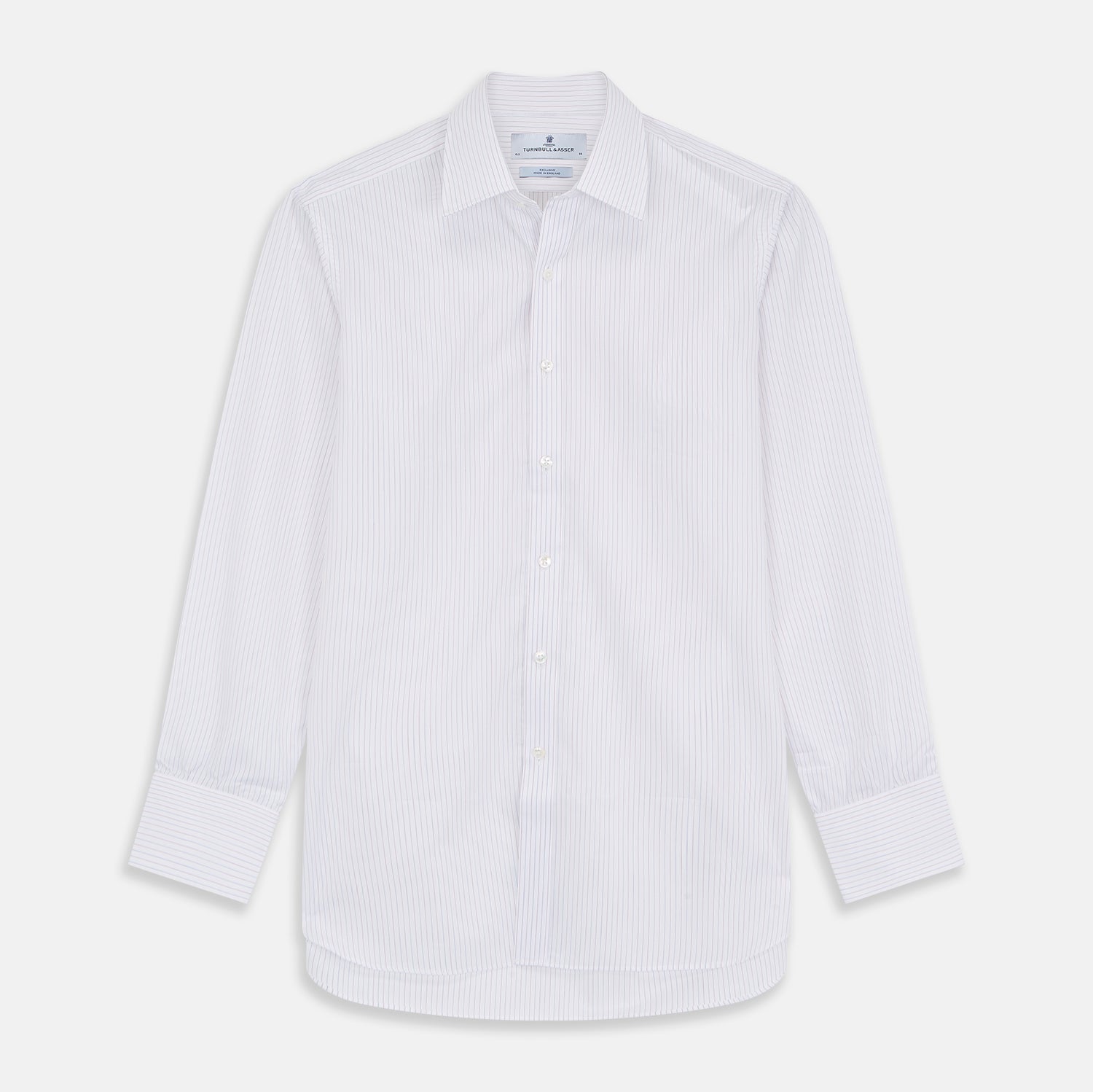 View 2 of product A circular gray border frames a close-up of Turnbull & Asser's Red & White Stripe Sea Island Quality Fabric, featuring fine white material with thin, evenly spaced diagonal red pinstripes.