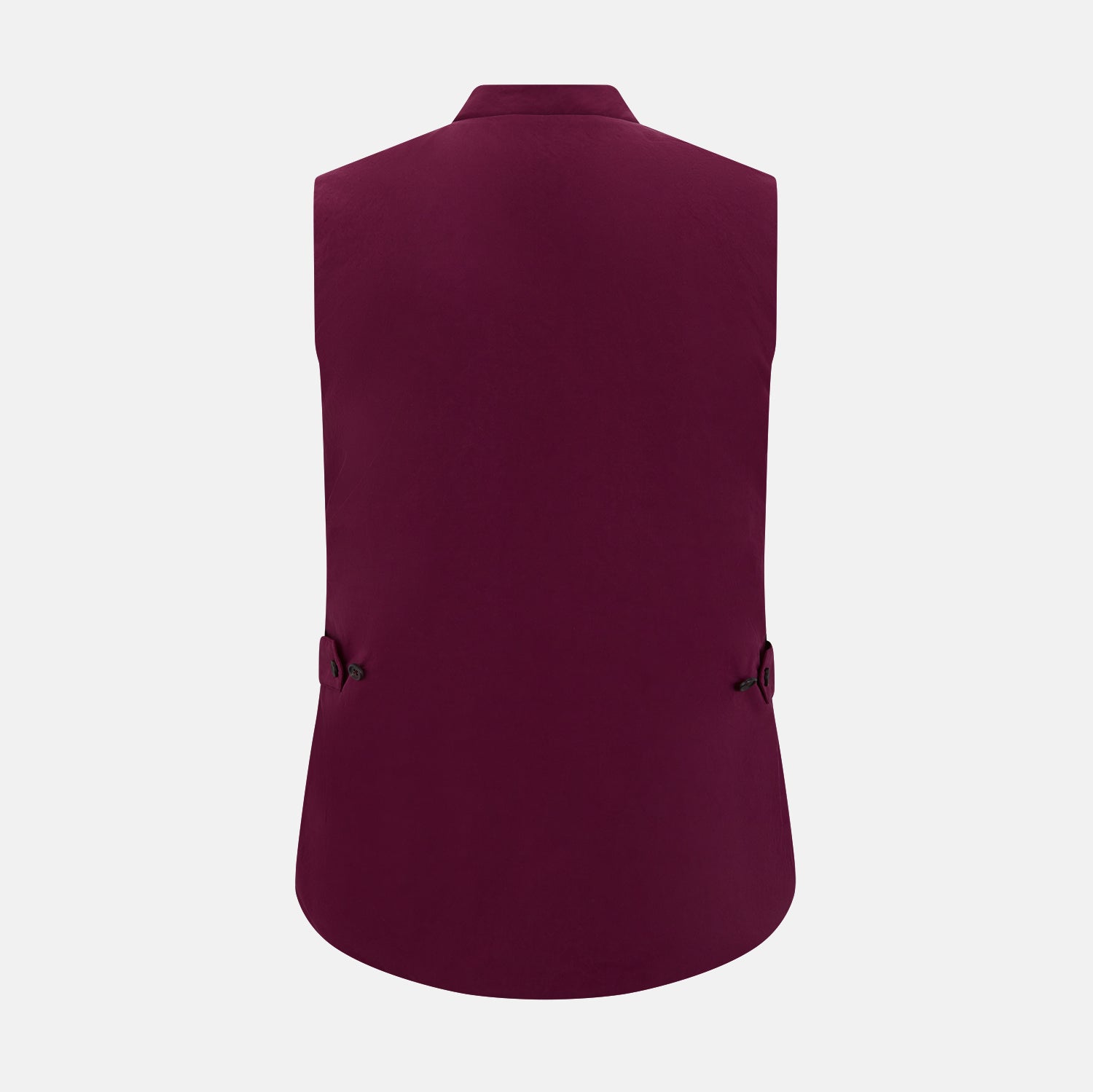 View 3 of product The Turnbull & Asser Wine Red Padded Gilet features a sleeveless design, front zipper, two zippered side pockets, a slanted chest pocket, and a rounded hem—perfect for the modern gentleman and shown on a plain white background.