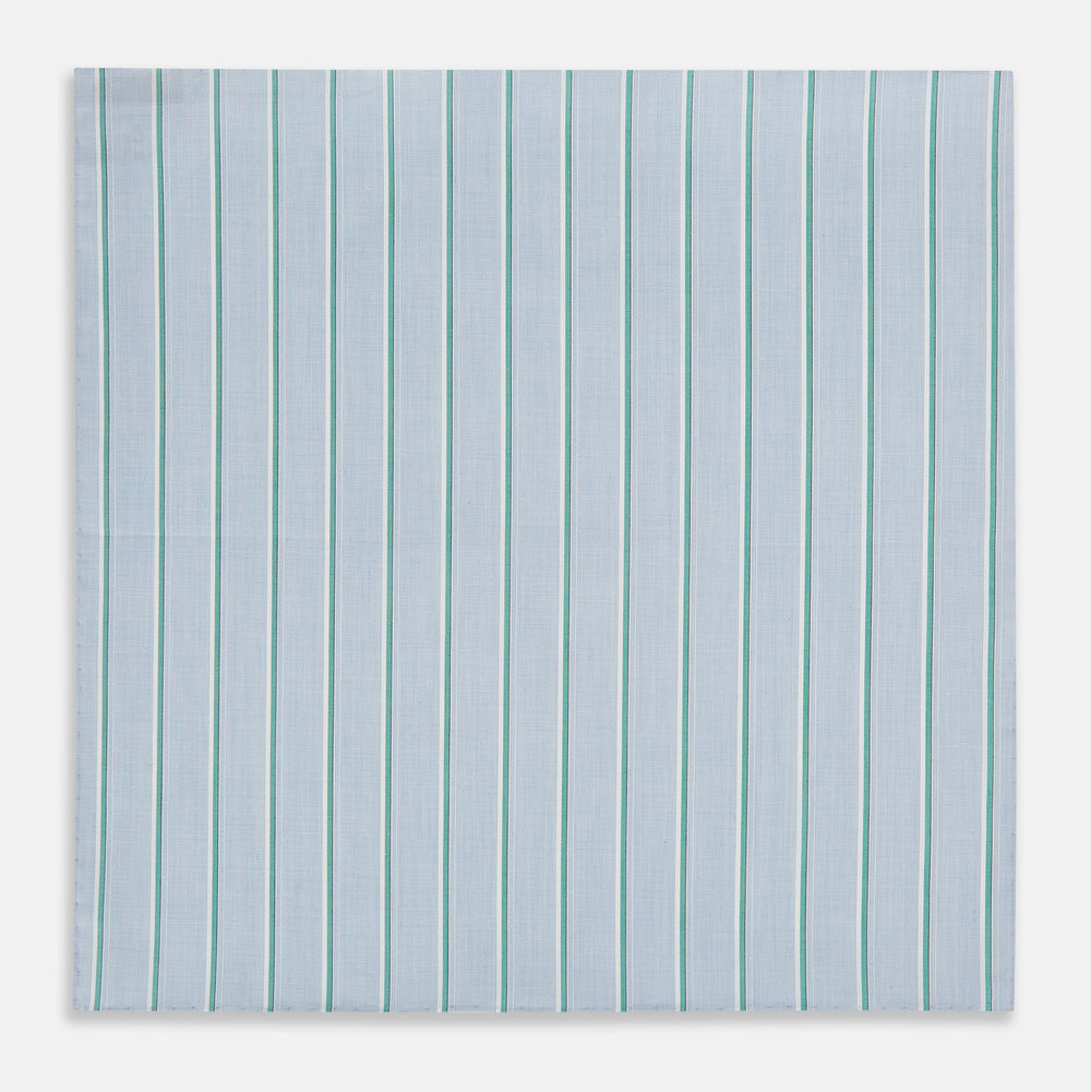 The Turnbull & Asser Blue and Green Multi Stripe Hand-Rolled Handkerchief features evenly spaced vertical stripes and hand-rolled edges, displayed neatly folded on a white background.