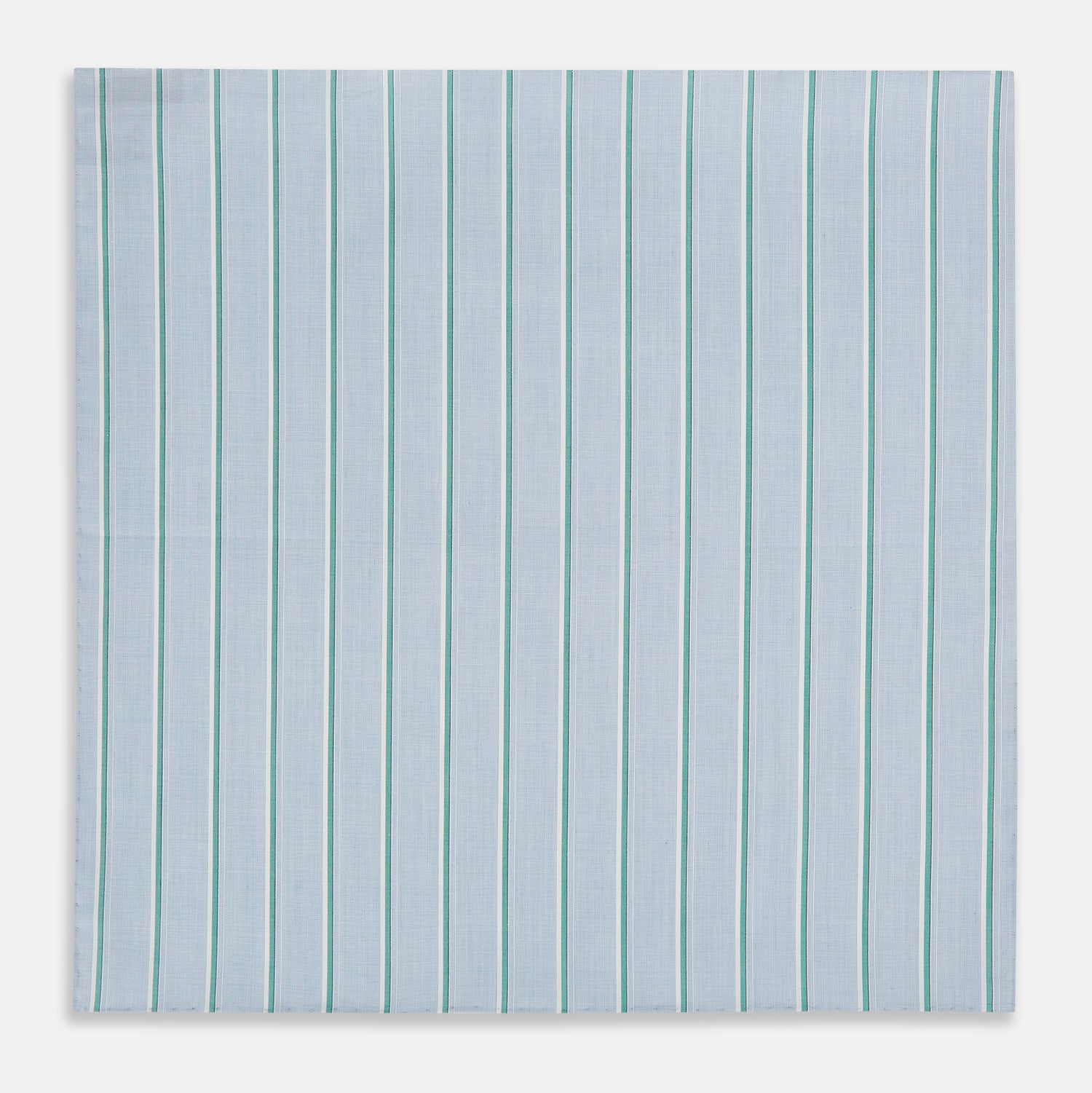 View 3 of product The Turnbull & Asser Blue and Green Multi Stripe Hand-Rolled Handkerchief features evenly spaced vertical stripes and hand-rolled edges, displayed neatly folded on a white background.