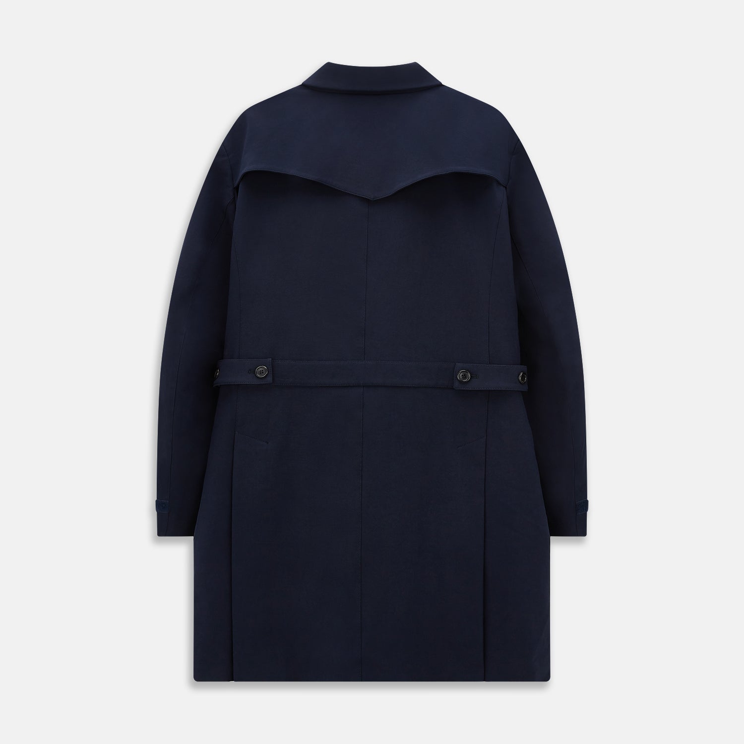 View 3 of product A Navy John Arthur Trench Coat by Turnbull & Asser, featuring a collar, button closure, adjustable cuff straps, two slanted front pockets, and a chest zip pocket, is displayed flat on a white background.
