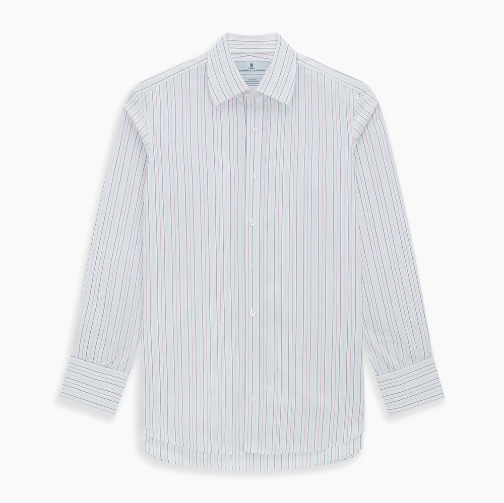 The Turnbull & Asser Pink and Blue Wide Pinstripe Mayfair Shirt features long sleeves, T&A collar, button-down front, and buttoned cuffs. It has bold pink and blue pinstripes on white and is laid flat on a white surface.
