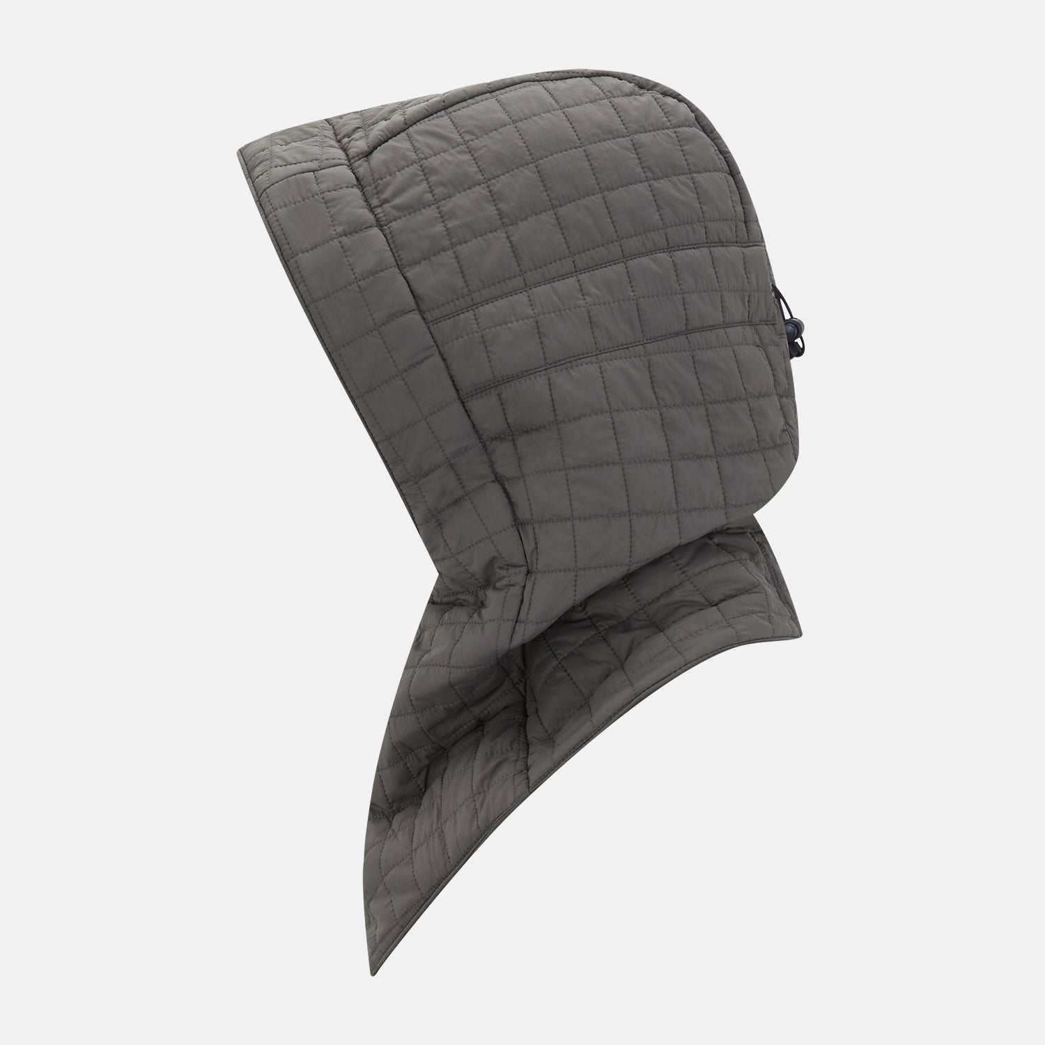 View 3 of product The Turnbull & Asser Shadow Grey Quilted Hood with Neck Warmer features a button closure, inspired by quilted jacket hoods, and is displayed on a plain white background.