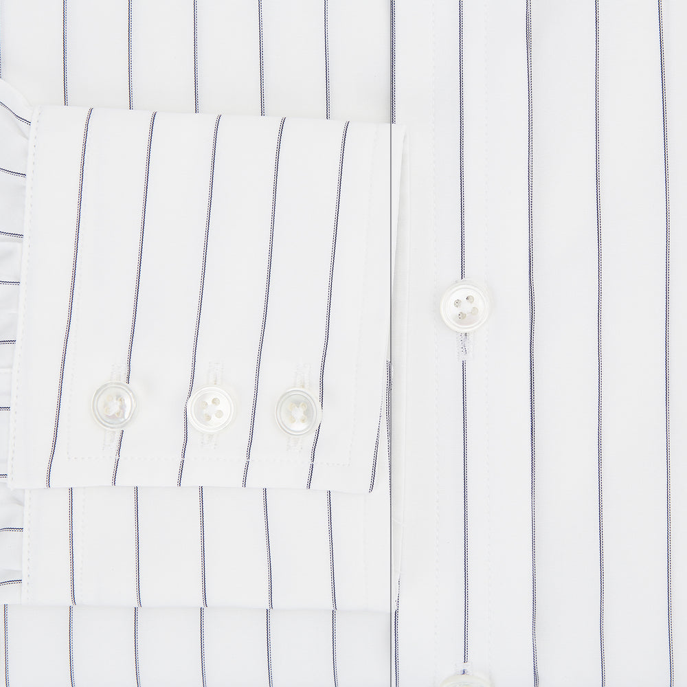 The Turnbull & Asser Navy Hairline Multi Stripe Mayfair Shirt, made from fine Italian cotton with navy stripes, a pointed collar, and buttoned cuffs, is shown laid flat on a plain white background.