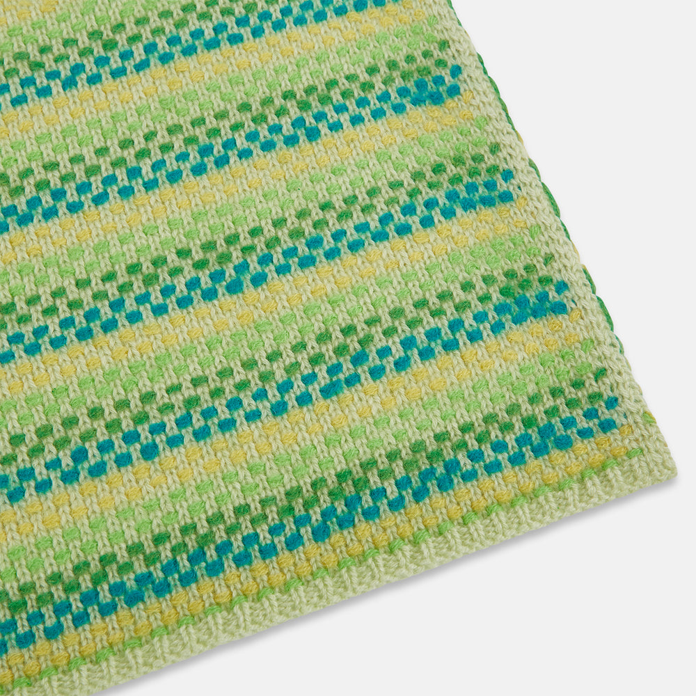 The Turnbull & Asser Green, Yellow and Teal Rib-Jacquard Cashmere Knitted Scarf features horizontal stripes and a luxurious finish—an elegant accessory to elevate any look.