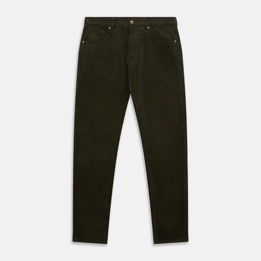 A pair of Turnbull & Asser Olive Green Cord Mylo Trousers, featuring a slim fit, five-pocket design, button closure, and belt loops, is shown laid flat on a white background.
