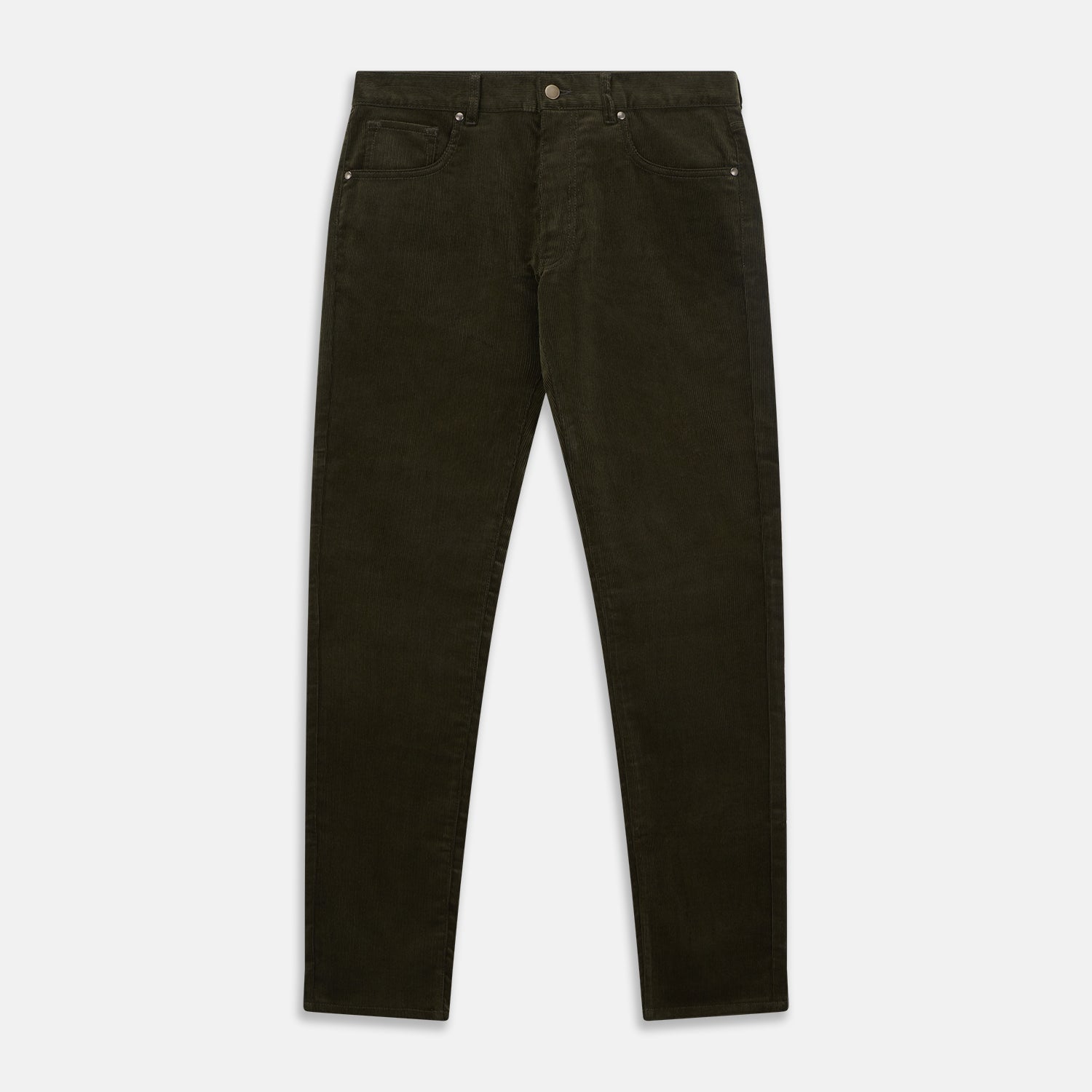 View 1 of product A pair of Turnbull & Asser Olive Green Cord Mylo Trousers, featuring a slim fit, five-pocket design, button closure, and belt loops, is shown laid flat on a white background.