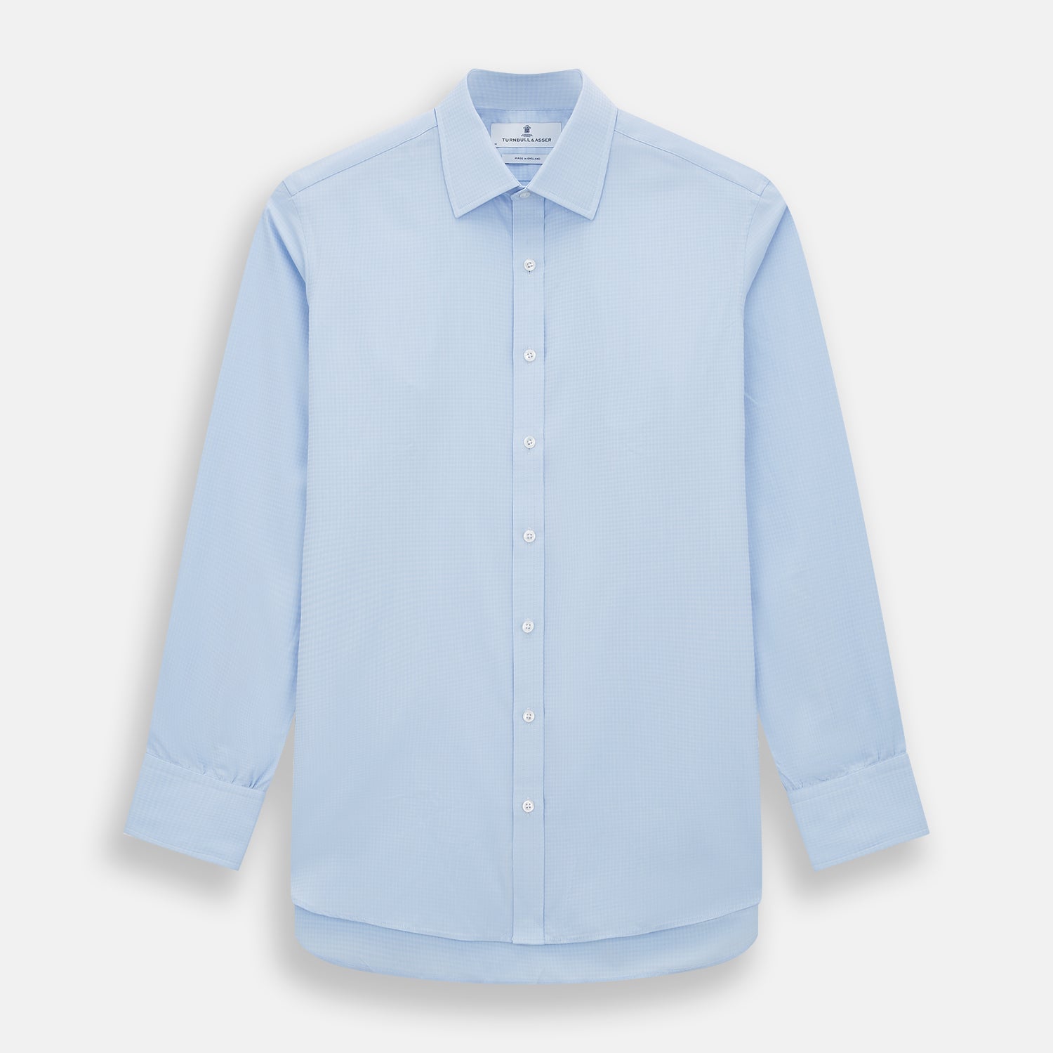 View 1 of product The Pale Blue Rhombus Mayfair Shirt by Turnbull & Asser features long sleeves, a classic collar, white buttons, and buttoned cuffs, shown laid flat on a white background.