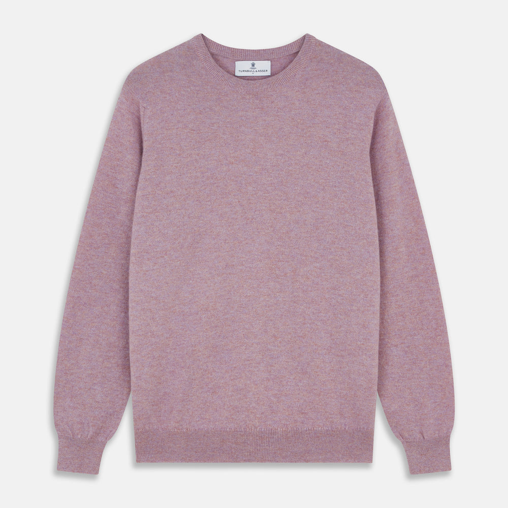 The Turnbull & Asser Lilac Heather Glenn Cashmere Crew Neck Jumper, featuring long sleeves with ribbed cuffs and hem, is knitted in Scotland and shown laid flat on a white background.