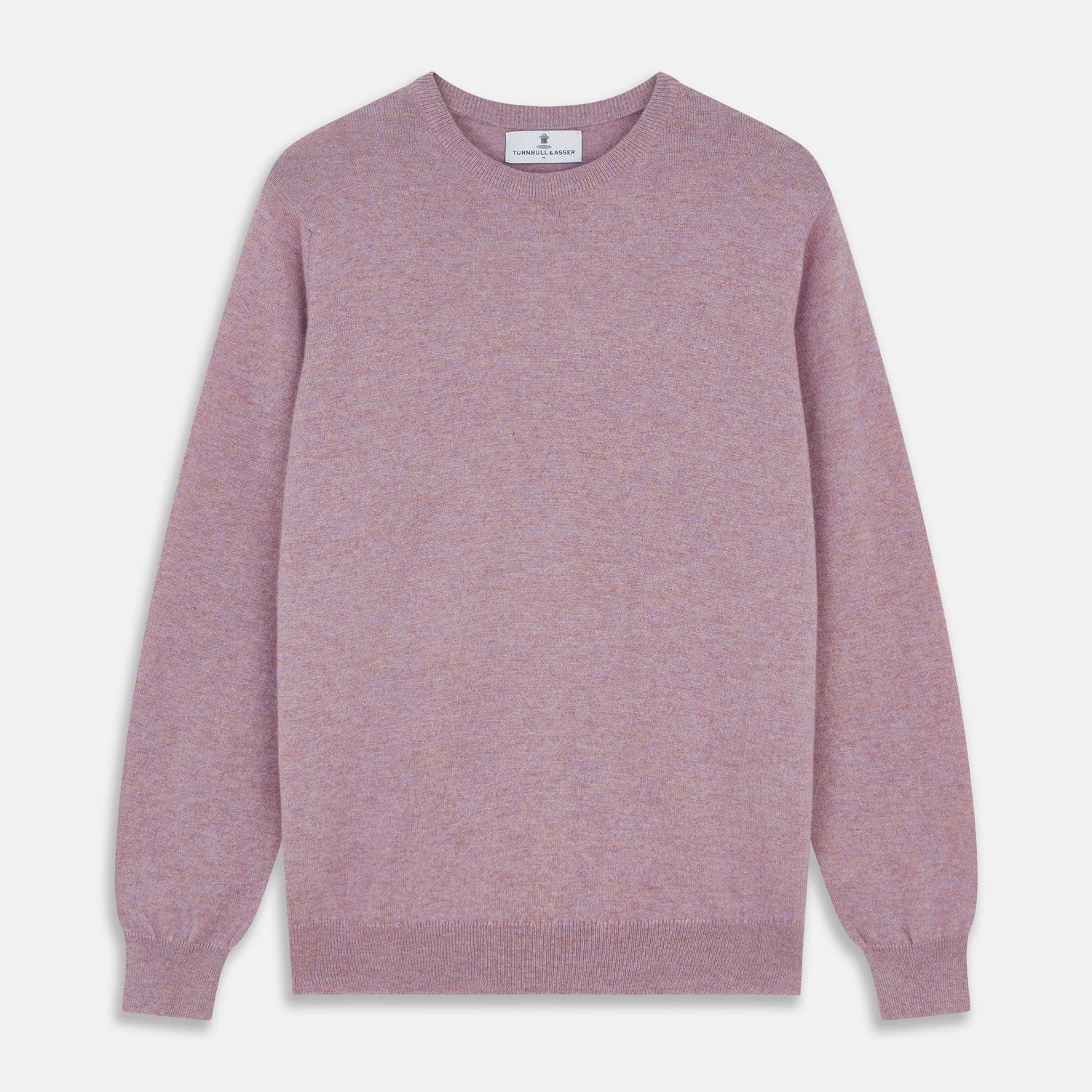 View 1 of product The Turnbull & Asser Lilac Heather Glenn Cashmere Crew Neck Jumper, featuring long sleeves with ribbed cuffs and hem, is knitted in Scotland and shown laid flat on a white background.
