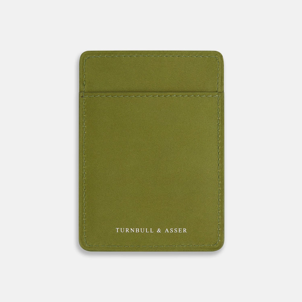 Moss Green Two-slot Card Case by Turnbull & Asser, crafted from Italian leather with neatly stitched edges and the brand name in white at the bottom center, displayed on a plain white background.