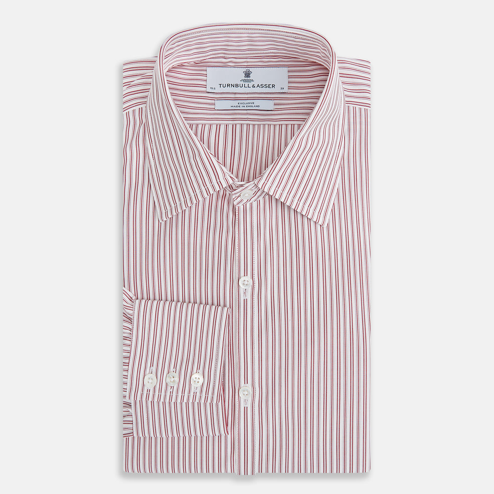 The Red Ticking Stripe Westminster Shirt by Turnbull & Asser features long sleeves, a button-up front, and vertical red and white stripes, shown flat on a white background.