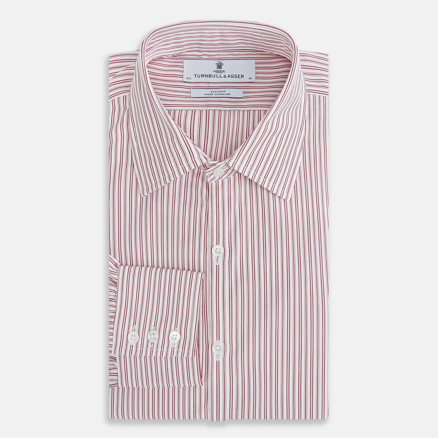 View 5 of product The Red Ticking Stripe Westminster Shirt by Turnbull & Asser features long sleeves, a button-up front, and vertical red and white stripes, shown flat on a white background.