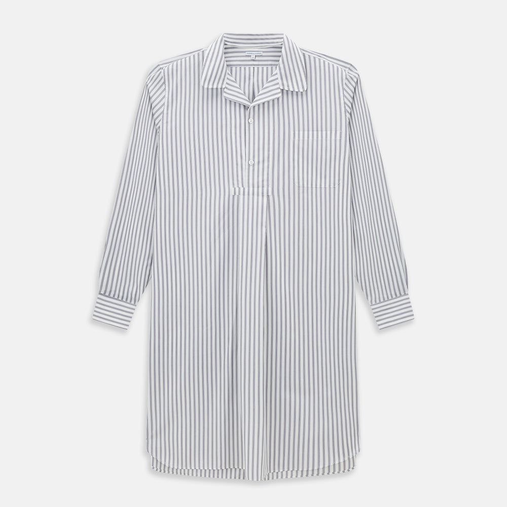 The Turnbull & Asser Purple Multi Stripe Quarzo Nightshirt features a collared, button-front design with a chest pocket and vertical white and light gray stripes, shown laid flat on a white background.