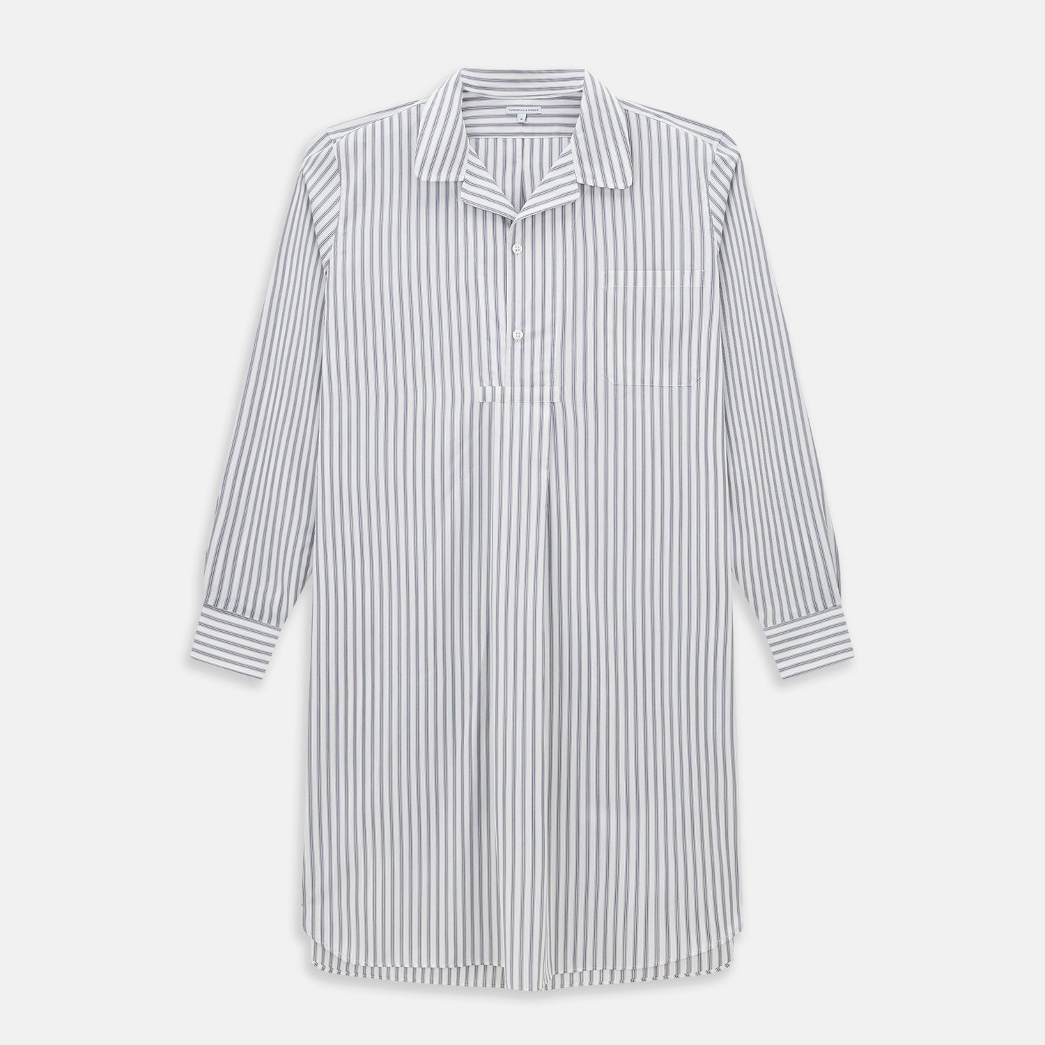 View 1 of product The Turnbull & Asser Purple Multi Stripe Quarzo Nightshirt features a collared, button-front design with a chest pocket and vertical white and light gray stripes, shown laid flat on a white background.