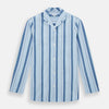 View 1 of product The Blue Baiadera Stripe Pyjama Shirt by Turnbull & Asser features long sleeves, a chest pocket, and a notched collar for an elegant nightwear look, shown on a white background.