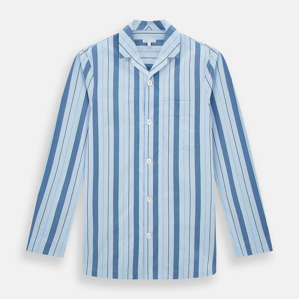 The Blue Baiadera Stripe Pyjama Shirt by Turnbull & Asser features long sleeves, a chest pocket, and a notched collar for an elegant nightwear look, shown on a white background.