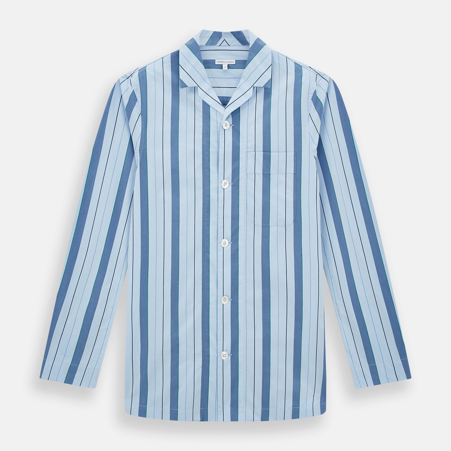 View 1 of product The Blue Baiadera Stripe Pyjama Shirt by Turnbull & Asser features long sleeves, a chest pocket, and a notched collar for an elegant nightwear look, shown on a white background.