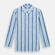 The Blue Baiadera Stripe Pyjama Shirt by Turnbull & Asser features long sleeves, a chest pocket, and a notched collar for an elegant nightwear look, shown on a white background.