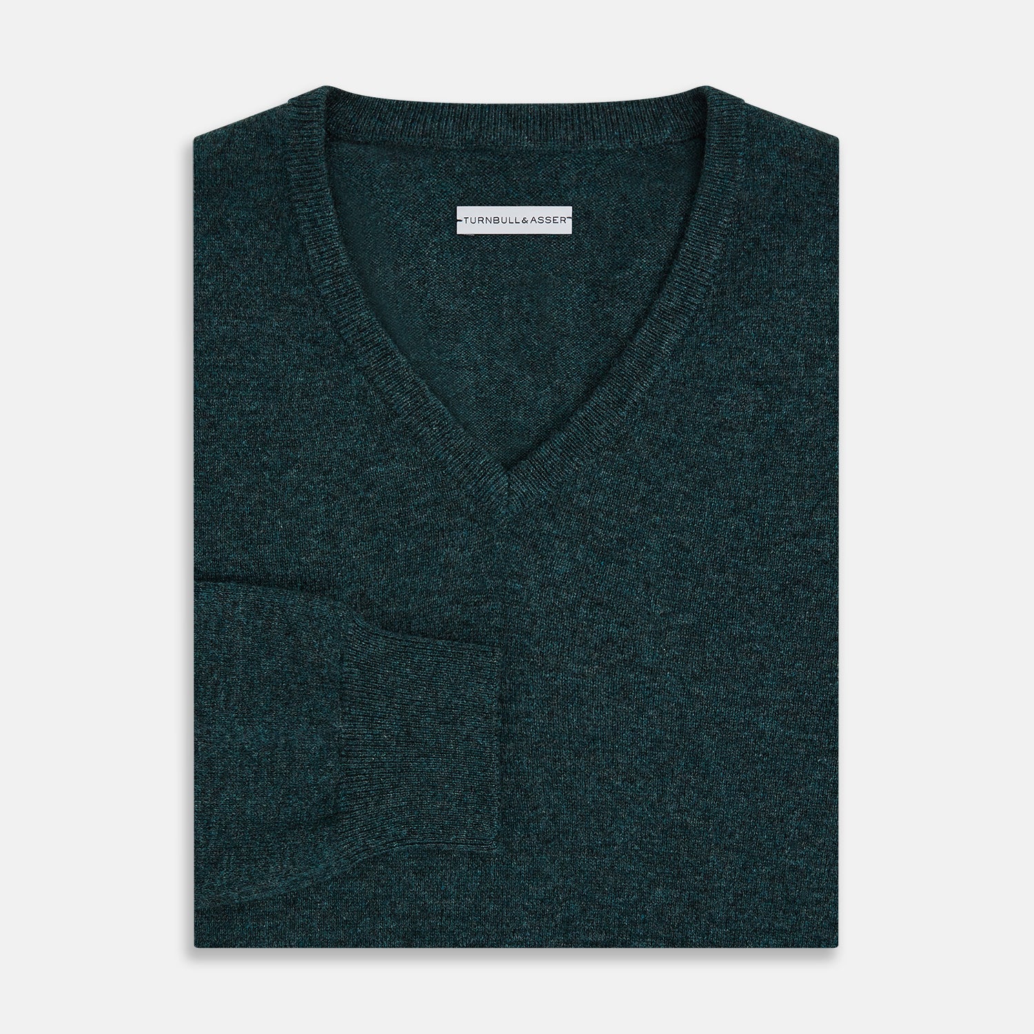 View 4 of product The Turnbull & Asser Forest Green Cashmere V-Neck Jumper features long sleeves, ribbed cuffs, collar, and hem. Shown against a white background, it's a classic knitwear piece ideal for layering.
