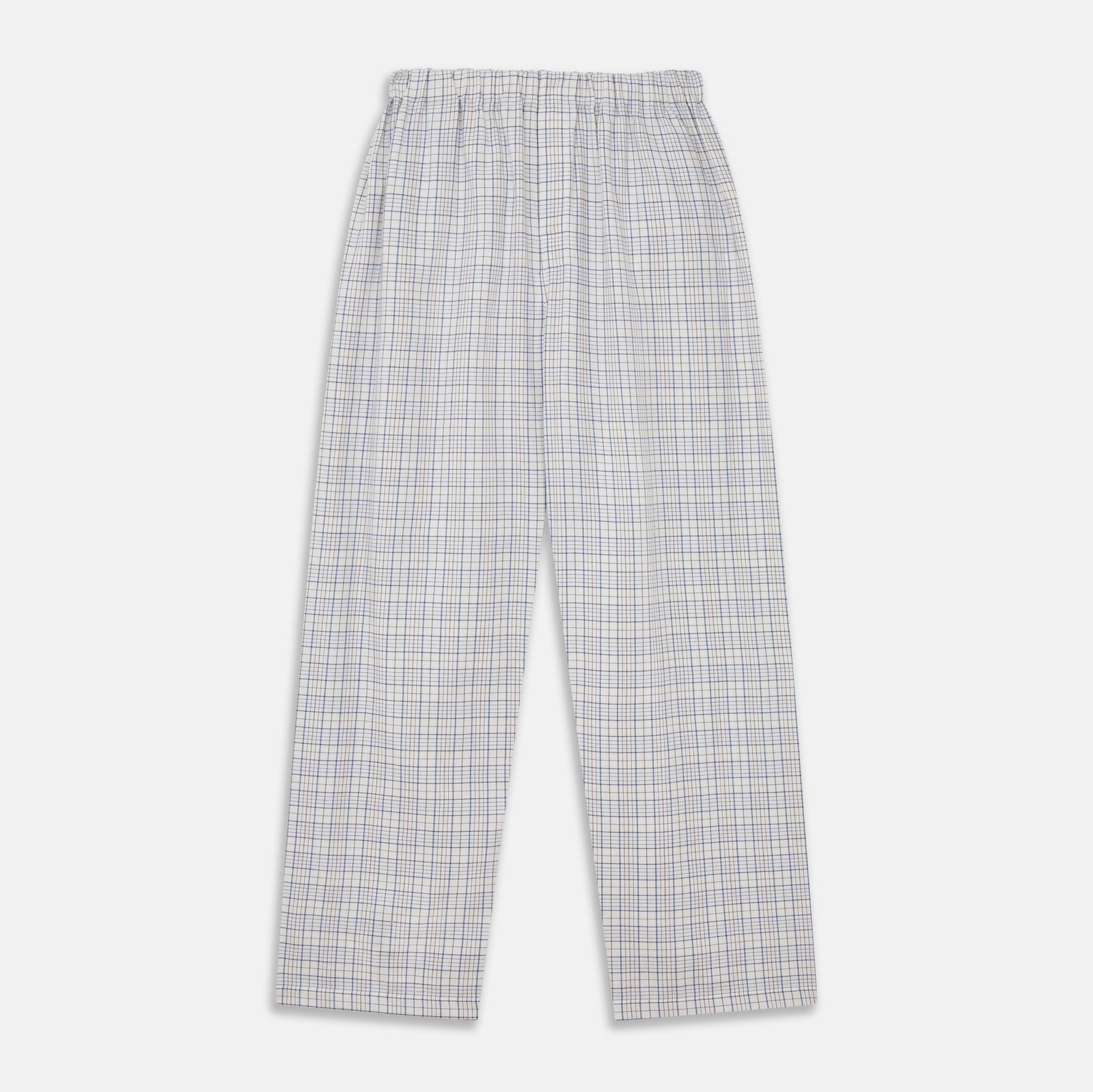 View 5 of product The Turnbull & Asser Blue Multi Check Cotton-Cashmere Modern Pyjama Set features a two-piece design with a long-sleeve button-up top with breast pocket and matching elastic-waist pants in a blue and white check pattern.