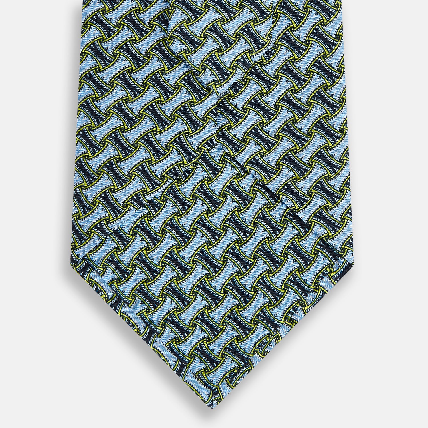 View 3 of product The Turnbull & Asser Light Blue and Chartreuse Lemon Weave Patterned Silk Tie, crafted from fine English silk, features a geometric design in blue and green tones, displayed on a plain white background.