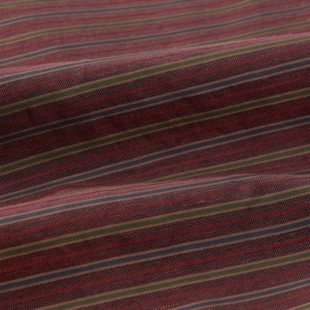 The Turnbull & Asser Claret and Green Multi Stripe Silk and Linen Blend Pierce Gown features a long robe style, matching belt, long sleeves, and front pockets, shown laid flat on a white background.