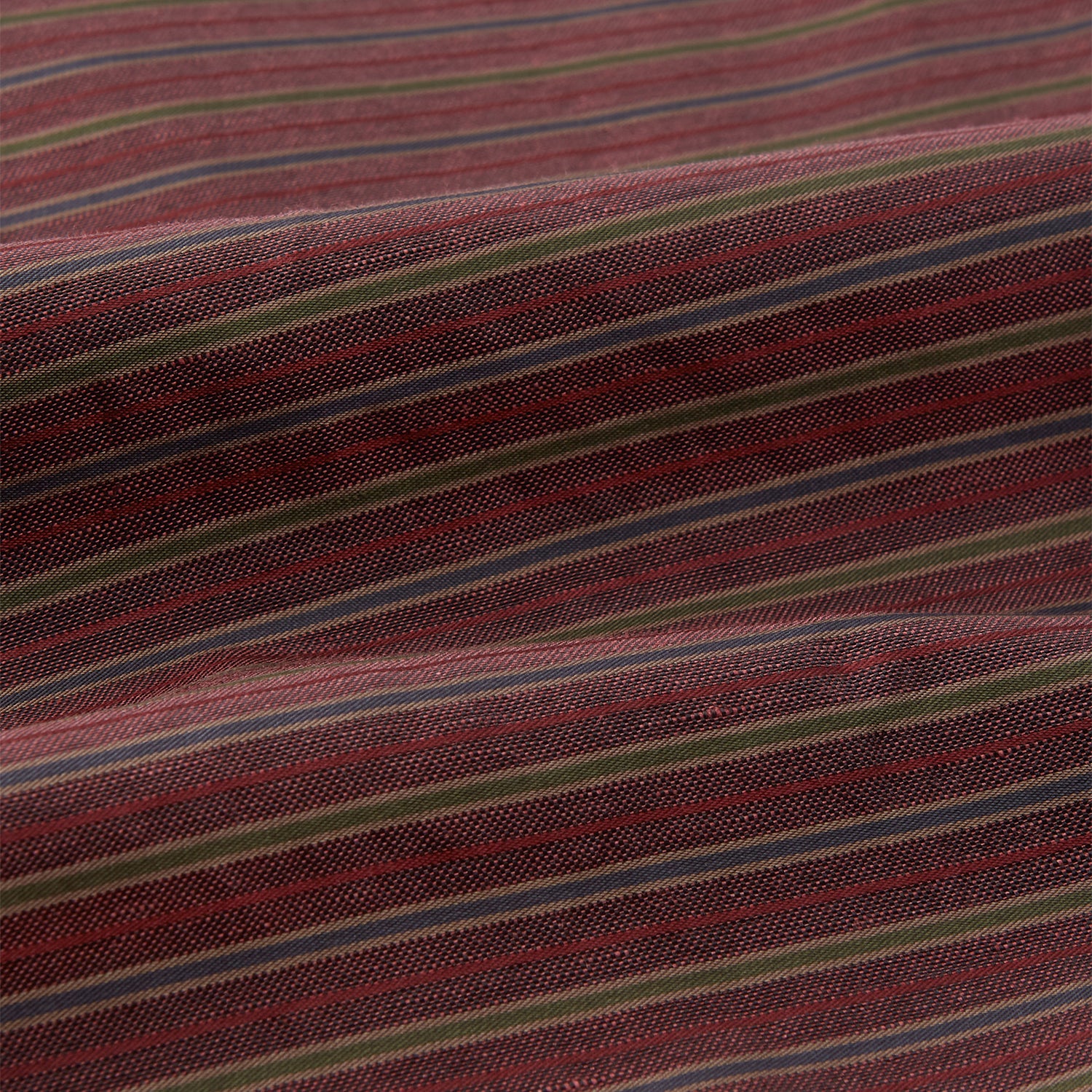 View 3 of product The Turnbull & Asser Claret and Green Multi Stripe Silk and Linen Blend Pierce Gown features a long robe style, matching belt, long sleeves, and front pockets, shown laid flat on a white background.