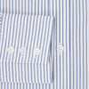 View 4 of product The Turnbull & Asser Navy Double Pinstripe Mayfair Shirt is a long-sleeve, button-up collared shirt with thin vertical blue and white stripes, shown against a plain white background.