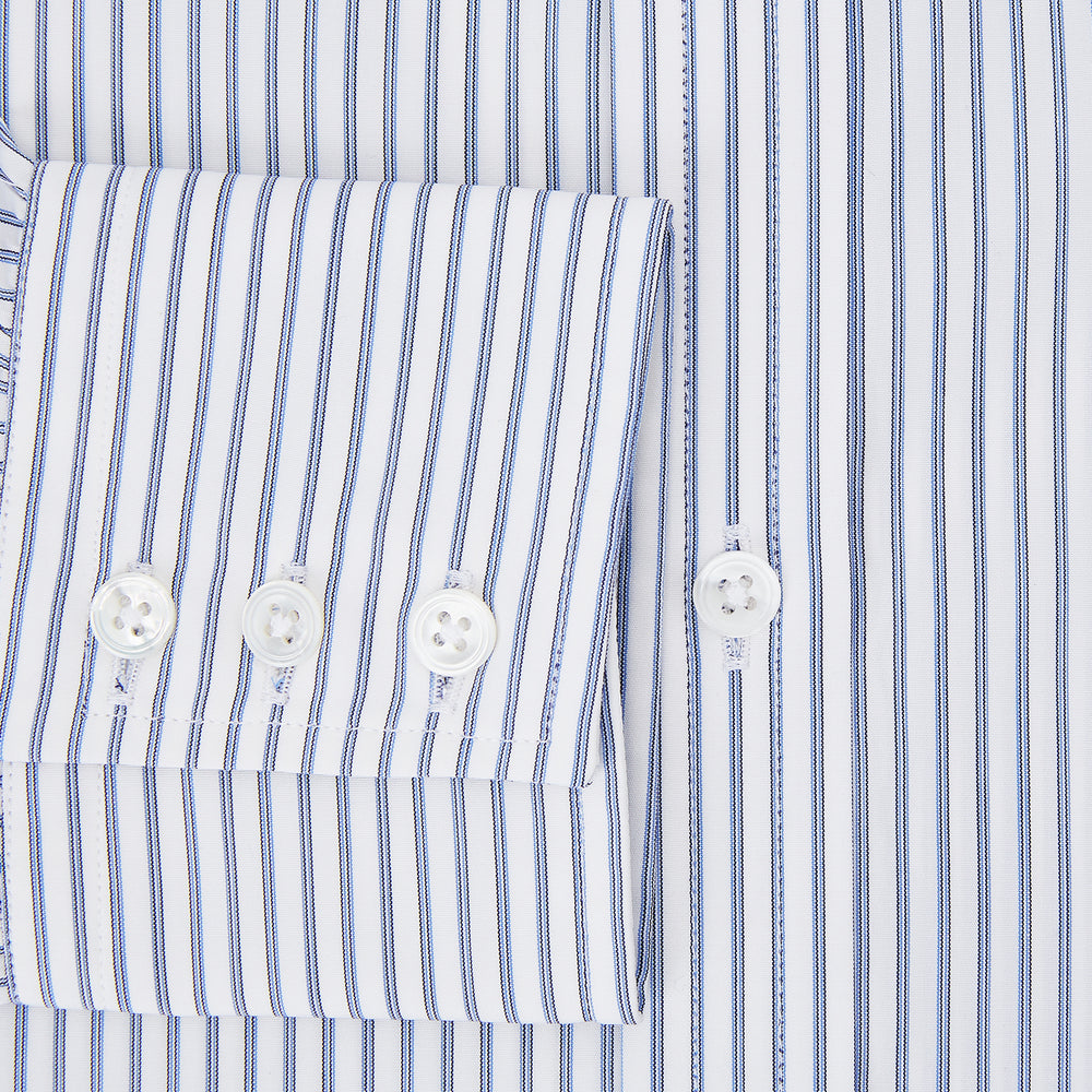 The Turnbull & Asser Navy Double Pinstripe Mayfair Shirt is a long-sleeve, button-up collared shirt with thin vertical blue and white stripes, shown against a plain white background.