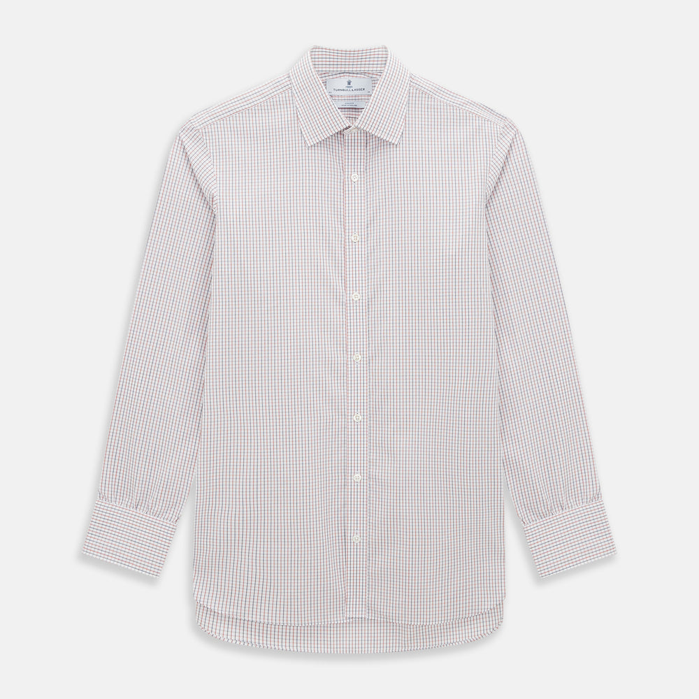 Turnbull & Asser Red and Blue Multi Check Mayfair Shirt with a classic T&A collar in premium Italian cotton, neatly laid flat on a white surface.