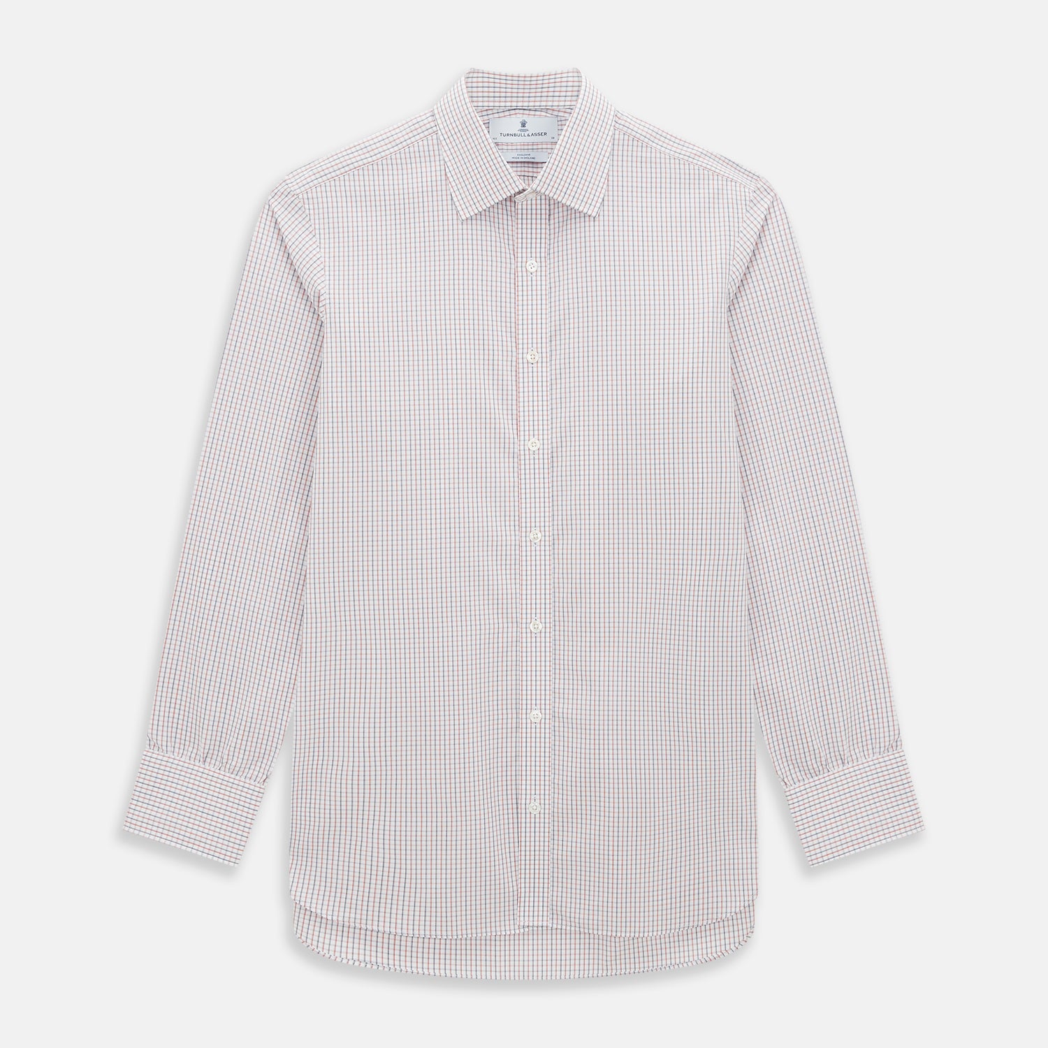 View 1 of product Turnbull & Asser Red and Blue Multi Check Mayfair Shirt with a classic T&A collar in premium Italian cotton, neatly laid flat on a white surface.