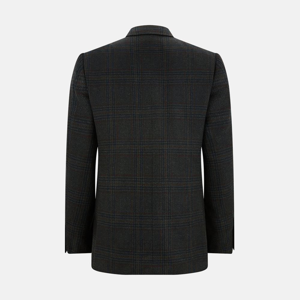 The Turnbull & Asser Charcoal Glen Check Sports Jacket features a dark plaid pattern, single-button closure, notched lapels, and two front flap pockets, shown against a plain white background—an essential for any men's wardrobe.