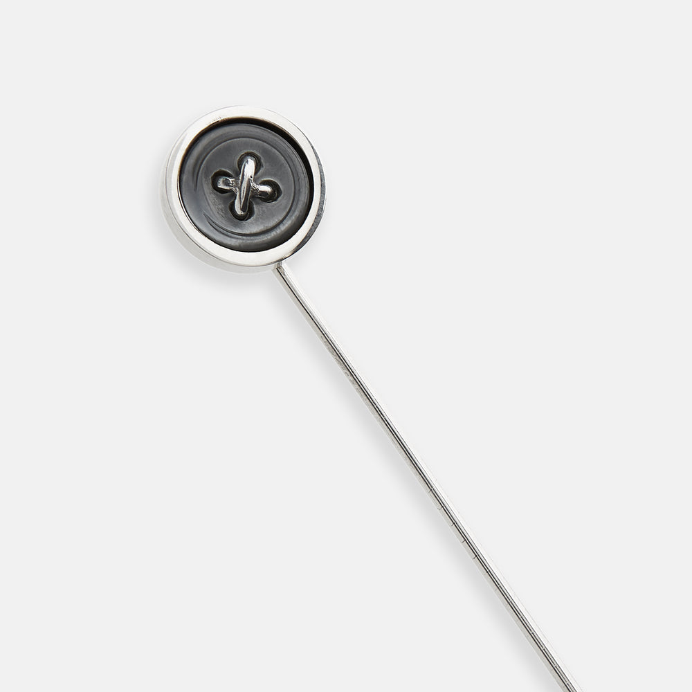 The Turnbull & Asser Sterling Silver Tie Pin features a black button design on one end and a metallic cap engraved with "SILVER" on the other, displayed against a plain white background.