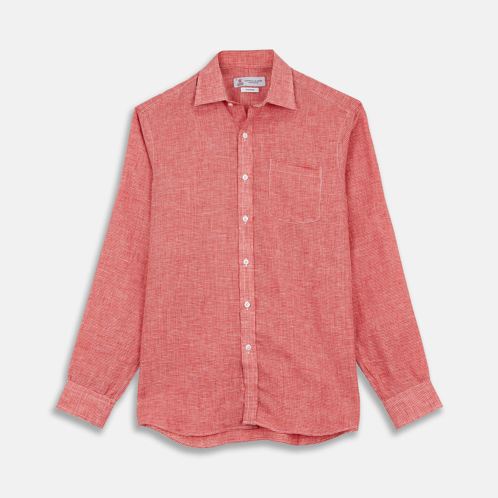 The Turnbull & Asser Weekend Fit Red Check Linen Shirt features a Derby collar, long sleeves with 1-button cuffs, and a single chest pocket—ideal for summer style. Shown against a plain white background.